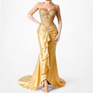 Vintage Y2K Gold Yellow Corset Bustier Beaded Ruffle Maxi Prom Dress Size XS/S